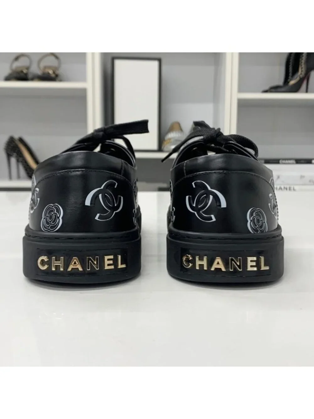 Chanel CC Logo Camellia Leather Fabric Sneakers Black